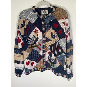 Vintage 90s Tiara International chunky knit chickens hearts farmhouse cardigan L